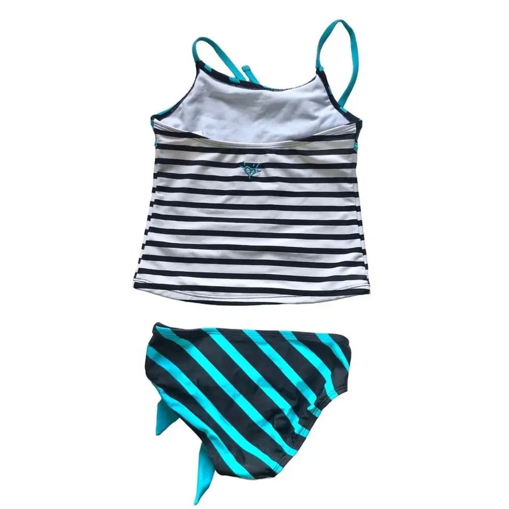 Girls 7 Justice Black White Turquoise Teal Blue Stripe Halter Tankini Swimsuit